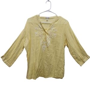Rebecca Malone Buttery Yellow Cotton Popover Blouse Embroidered Trim Size XL